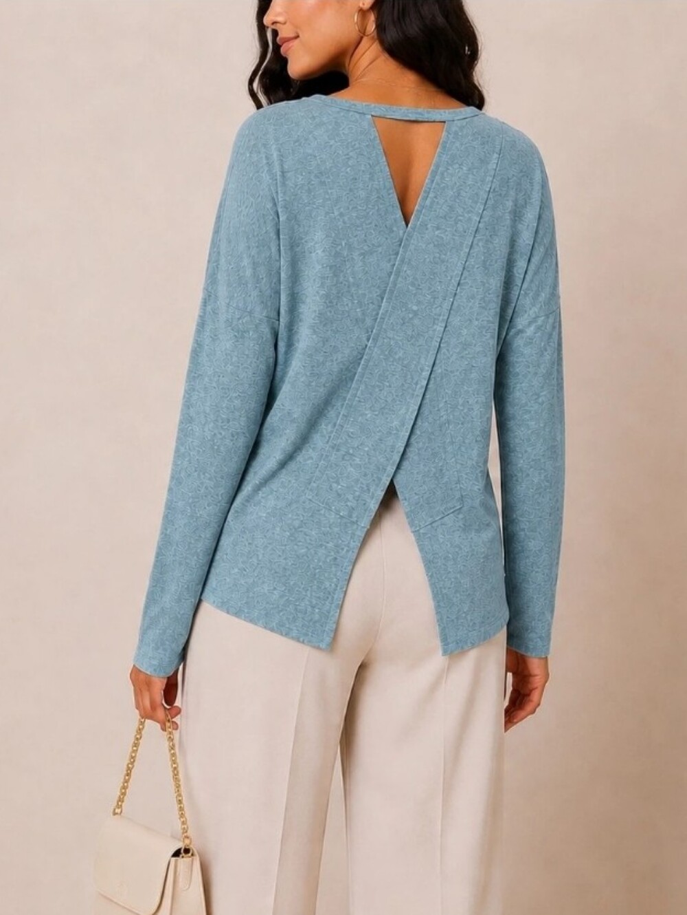 143 Story By Line Up Everyday Scoop Neck Long-Sleeve Top Open Back - Dusty Blue